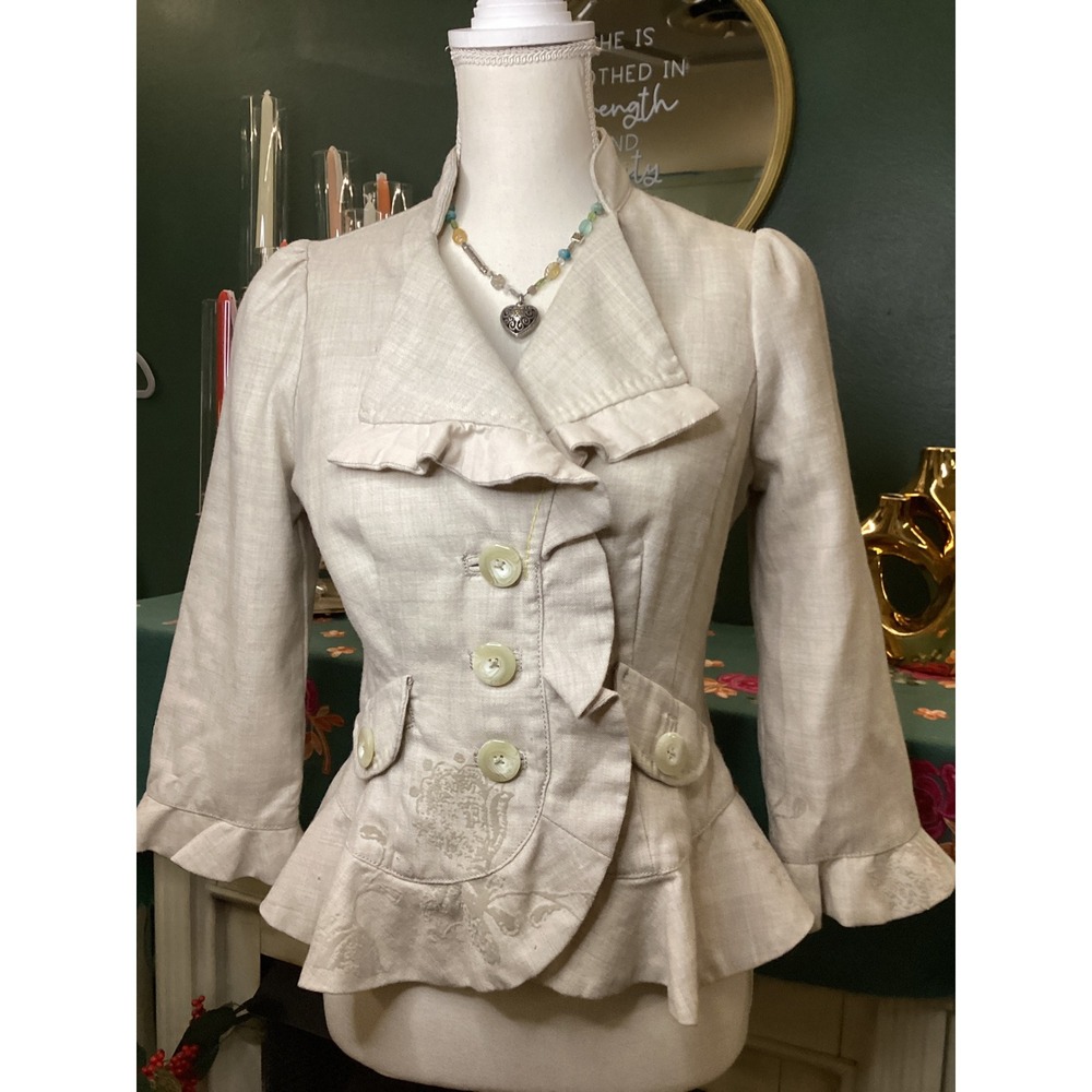 Elevenses Anthropologie Wool Peplum Blazer Ruffle Trim Floral motif 6